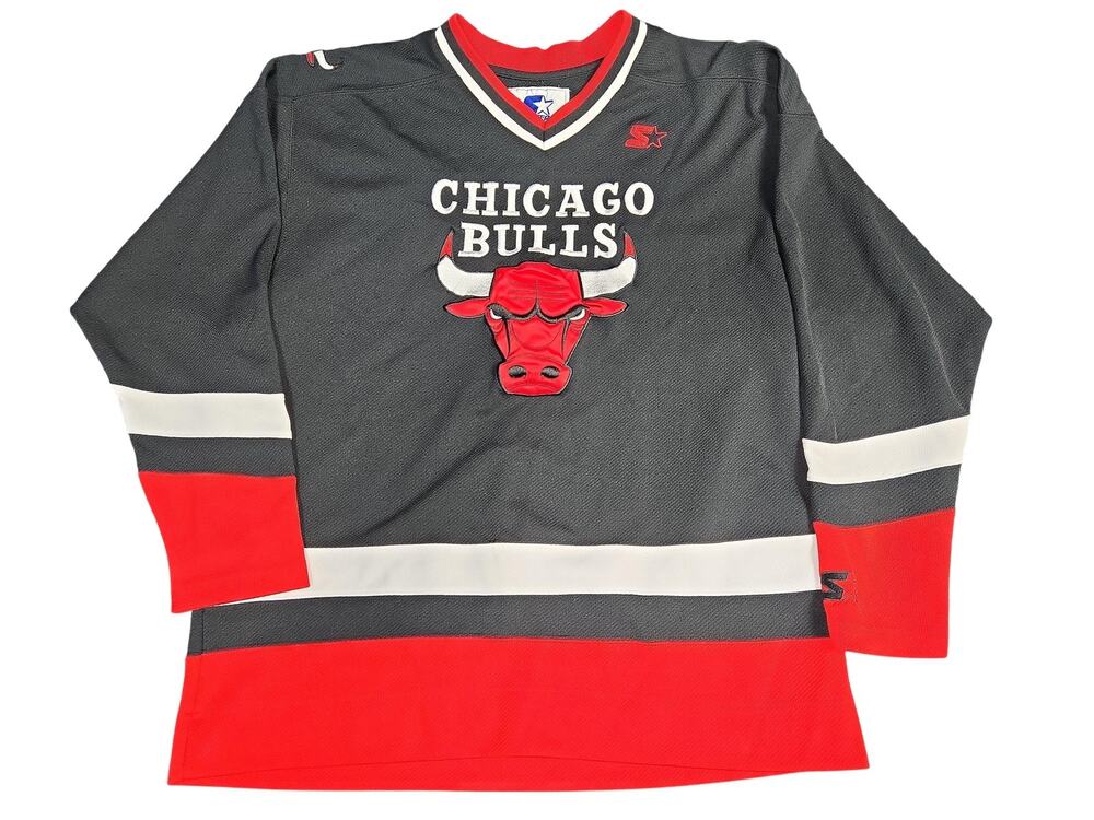 Chicago Bulls Jersey Mens Large Black Red NBA Basketball Starter Hockey Style